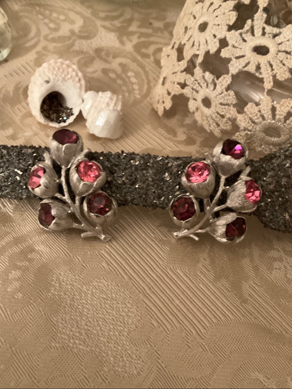 Vintage Pink Crystal Floral Clip-On Earrings -